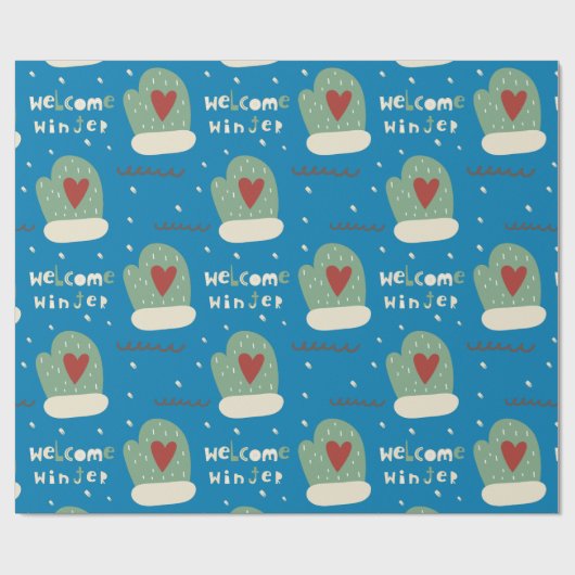 お洒落ウェルカムウィンターブルーグリーンミッテンスクリスマス ラッピングペーパー (フラット)