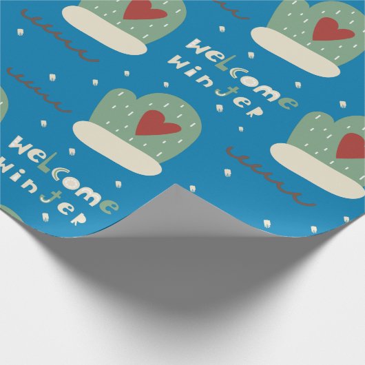 お洒落ウェルカムウィンターブルーグリーンミッテンスクリスマス ラッピングペーパー (角)