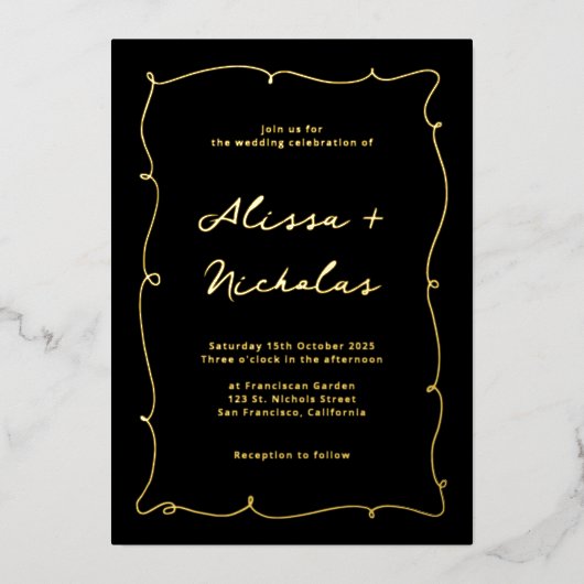 お洒落エレガント金ゴールド結婚ズ 箔招待状 (正面)