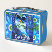 お洒落オウルブルーグリーンフローラパーソナライズされた メタルランチボックス (正面)