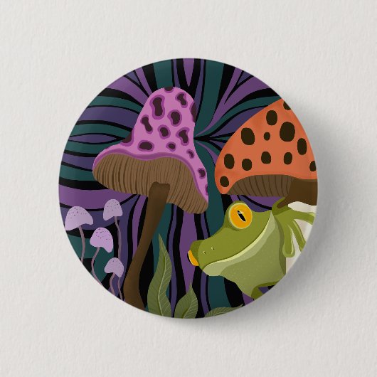 お洒落カエルとキノコ 缶バッジ (正面)