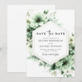 お洒落カスタム花サージグリーン結婚ズ セーブザデート (正面/裏面)