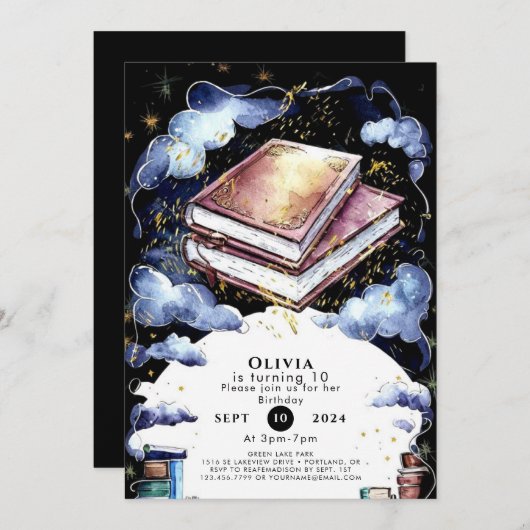 お洒落カスタム魔法ストーリーブック誕生日 招待状 (正面/裏面)