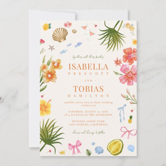 お洒落カラフルおもしろい熱帯パーム結婚ツリー 招待状 (正面)