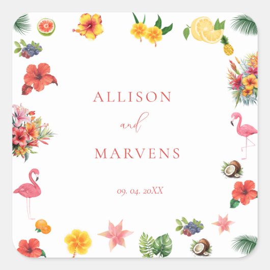 お洒落カラフルおもしろい熱帯フラ結婚ミングル スクエアシール (正面)