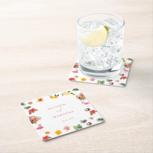 お洒落カラフルおもしろい熱帯フラ結婚ミングル スクエアペーパーコースター (インサイチュ)