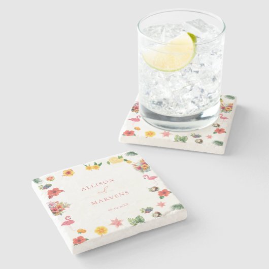 お洒落カラフルおもしろい熱帯フラ結婚ミングル ストーンコースター (横)