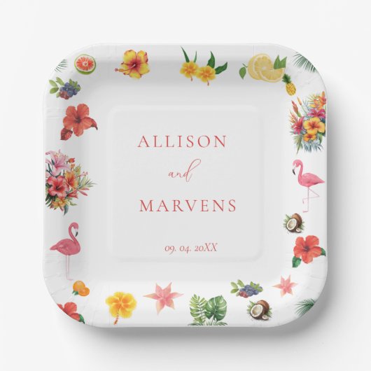 お洒落カラフルおもしろい熱帯フラ結婚ミングル ペーパープレート (正面)