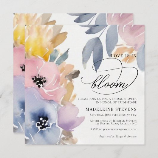 お洒落カラフルフローララブ開花ブライダルシャワー 招待状 (正面/裏面)