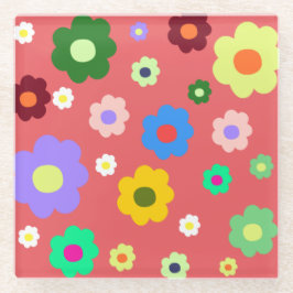 お洒落カラフルフローラレトロ，陽気名門私立校風の ガラスコースター