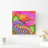 お洒落カラフルモダンフローラ水色 スクエア壁時計 (ホーム)