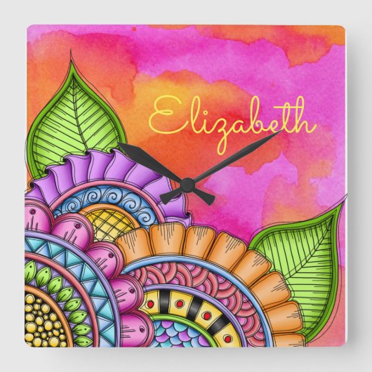 お洒落カラフルモダンフローラ水色 スクエア壁時計 (正面)