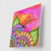 お洒落カラフルモダンフローラ水色 スクエア壁時計 (傾斜)