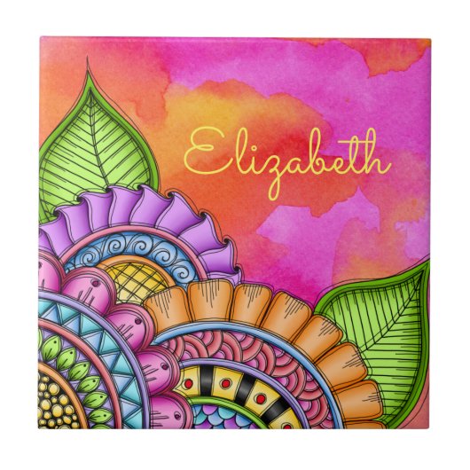 お洒落カラフルモダンフローラ水色 タイル (正面)