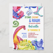 お洒落カラフル恐竜子供の誕生日パーティー 招待状 (正面)