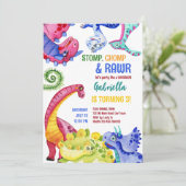 お洒落カラフル恐竜子供の誕生日パーティー 招待状 (スタンド正面)