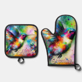 お洒落カラフル鳥パーソナライズされた 鍋つかみ&鍋敷きセット (正面)