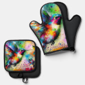 お洒落カラフル鳥パーソナライズされた 鍋つかみ&鍋敷きセット (正面/裏面)