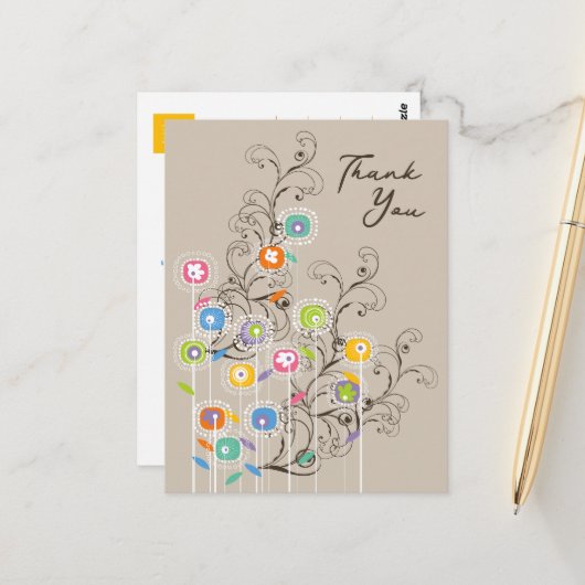 お洒落カラフルGroovy Flower Gardenありがとう ポストカード (正面/裏面インサイチュ)