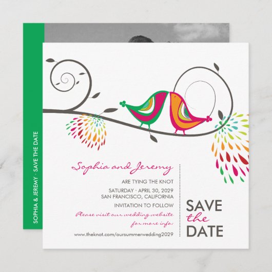 お洒落キスをするカラフル鳥の夏の写真 セーブザデート (正面/裏面)