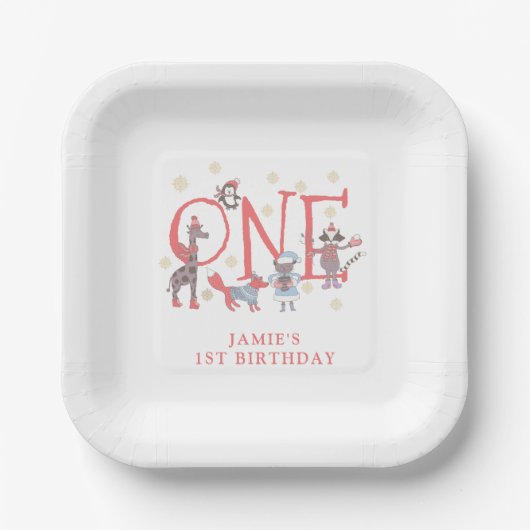 お洒落キッズウィンター1歳のパーティー ペーパープレート (正面)