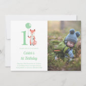 お洒落キツネ&バルーングリーン1stバースデーフォト 招待状 (正面)