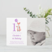お洒落キツネ&バルーンパープル1stバースデーフォト 招待状 (スタンド正面)