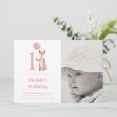 お洒落キツネ&バルーンピンク1stバースデーフォト 招待状 (スタンド正面)