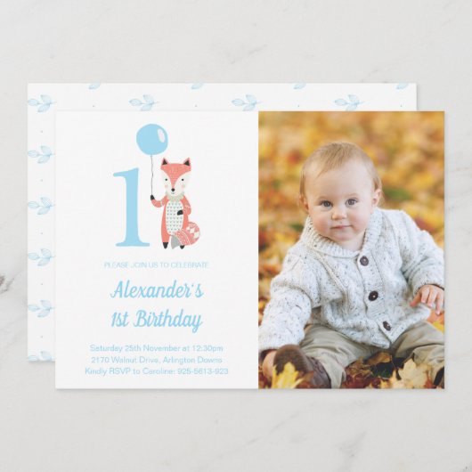 お洒落キツネ&バルーンブルー1stバースデーフォト 招待状 (正面/裏面)