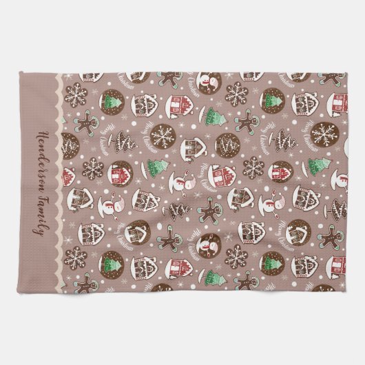 お洒落クリスマスのクッキーパターン冬の家族 キッチンタオル (横)