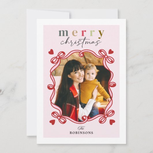 お洒落クリスマスの喜びとハート家族の写真 シーズンカード (正面)
