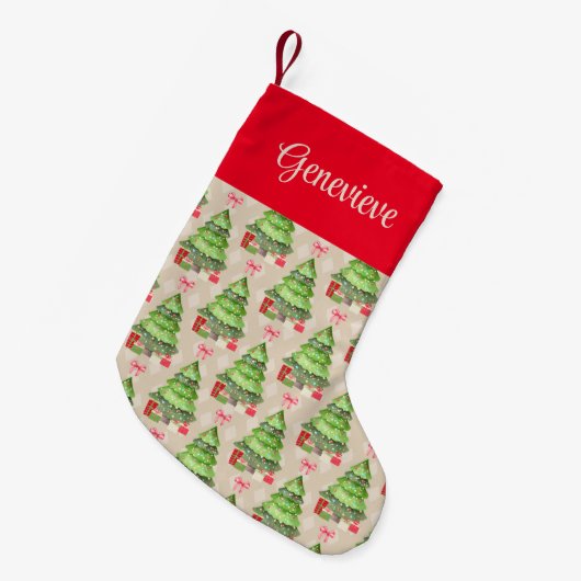 お洒落クリスマスの木、赤い弓とプレゼント スモールクリスマスストッキング (正面 (吊り時))