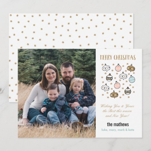 お洒落クリスマスオーナメントと星の写真 シーズンカード (正面/裏面)