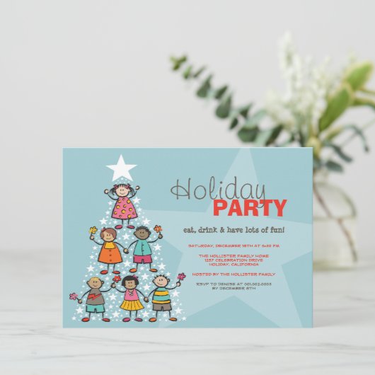 お洒落クリスマスツリーかわいいキッズホリデーパーティー 招待状 (スタンド正面)