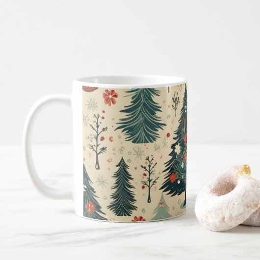 お洒落クリスマスツリーの水彩模様 コーヒーマグカップ (ドーナツ)