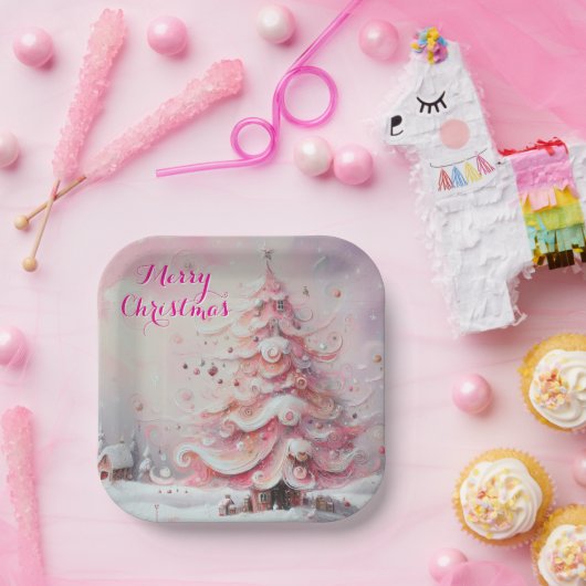 お洒落クリスマスツリーピンク白い渦巻き雪 ペーパープレート (パーティー)