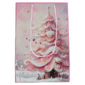 お洒落クリスマスツリーピンク白い渦巻き ミディアムペーパーバッグ (裏面)