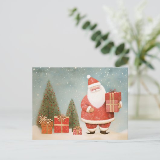 お洒落クリスマスツリー&ギフト付きサンタクロース ポストカード (スタンド正面)