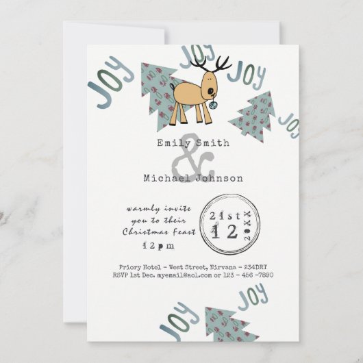 お洒落クリスマスパーティー型マンガのトナカイ 招待状 (正面)