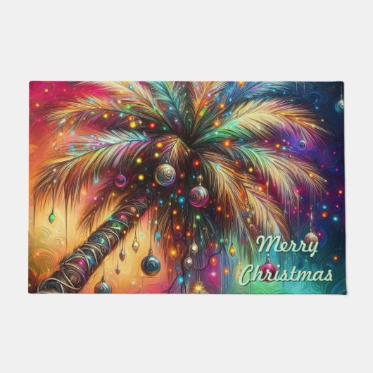 お洒落クリスマスパームツリートロピカルビーチ鮮やかな ドアマット (正面)