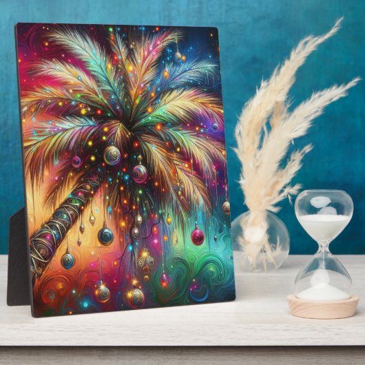 お洒落クリスマスパームツリートロピカルビーチ鮮やかな フォトプラーク (側面)