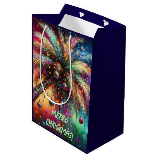お洒落クリスマスパームツリートロピカルビーチ鮮やかな ミディアムペーパーバッグ (裏面アングル)