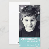 お洒落クリスマスフォトカードティール（緑がかった色）雪片ドット シーズンカード (正面/裏面)