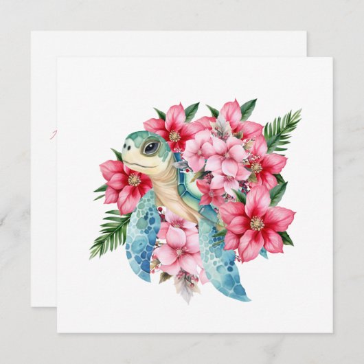 お洒落クリスマスフローラウミガメのノートカード サンキューカード (正面/裏面)