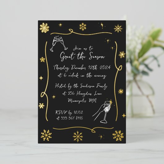 お洒落クリスマスホリデーウィンターカクテルパーティー 箔招待状 (立ち正面)