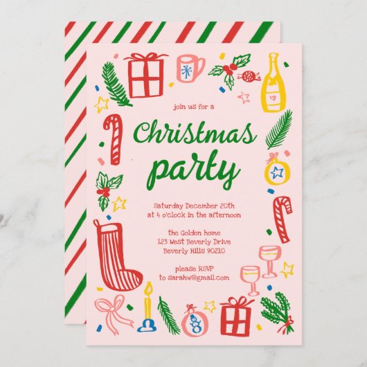 お洒落クリスマスホリデーパーティーかわいいカスタム 招待状 (正面/裏面)