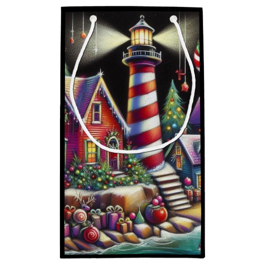 お洒落クリスマスライトハウスレッドピンクパープル スモールペーパーバッグ (裏面)