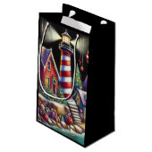 お洒落クリスマスライトハウスレッドピンクパープル スモールペーパーバッグ (裏面アングル)