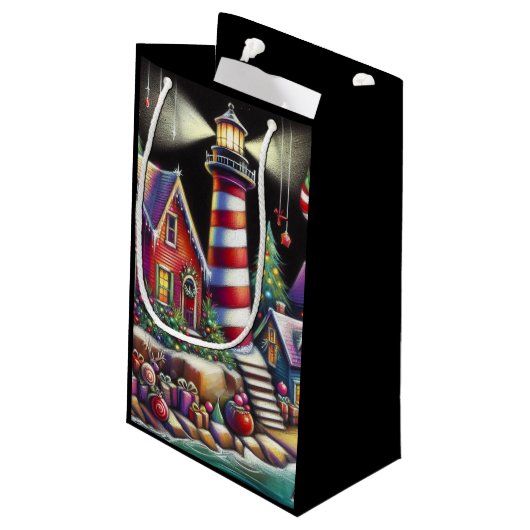 お洒落クリスマスライトハウスレッドピンクパープル スモールペーパーバッグ (裏面アングル)
