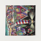 お洒落クリスマスライトハウスレッドピンクパープル タペストリー (正面(横))